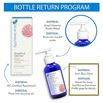 Blue Beautifly Grapefruit Deep Pore Cleanser - Removes Dirt, Pollutants, & Makeup - No Sulfates, SLS, PEGs, Toxins, Synthetics - Plant-based, Hypoallergenic, Dermatologically Tested - 4 fl oz