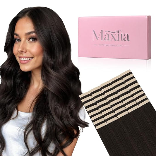MAXITA Tape in Hair Extensions Human Hair Dark Brown 18 Inch 100g 40pcs Remy Human Hair Extensions Straight Seamless Tape in Skin Weft Extensions for Women