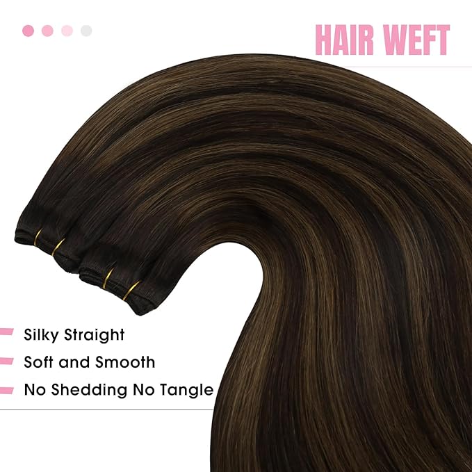 YoungSee 130G Weft Extensions Human Hair Balayage Hair Weft Extensions Dark Brown Mix Medium Brown Highlights Brown Balayage Sew in Hair Extensions Real Human Hair Balayage 24Inch