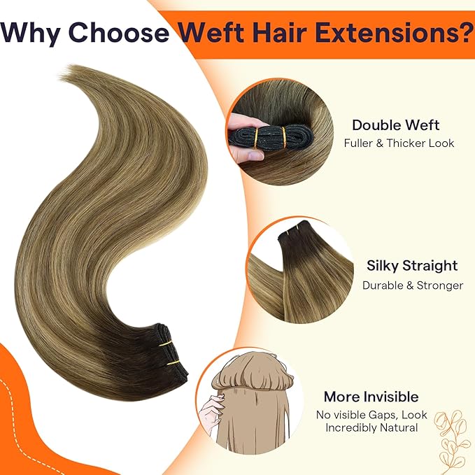 Full Shine Weft Hair Extensions Human Hair 22 Inch 105g Balayage Dark Brown to Caramel Blonde Sew in Hair Extensions Real Human Hair Weft Extensions Sew in Hair Bundles Full Head