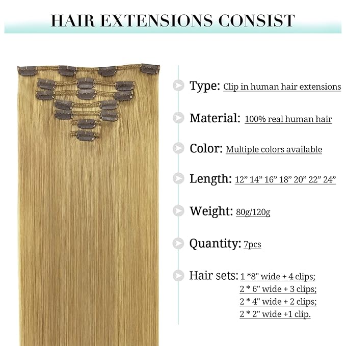 DOORES Hair Extensions Real Human Hair, Dirty Blonde 18 Inch 7pcs 120g, Clip in Human Hair Extensions Remy Hair Extensions Silky Straight Clip in Extensions Human Hair Natural Thick