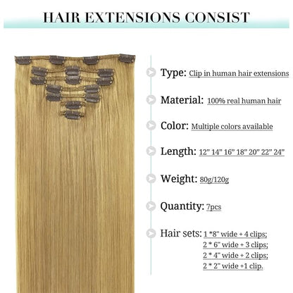 DOORES Clip in Human Hair Extensions, Dirty Blonde 12 Inch 7pcs 80g, Thick Silky Straight Hair