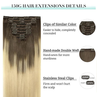 DOORES Clip in Hair Extensions, Real Human Hair, Ash Brown to Platinum Blonde, 150g, 9pcs, 22 Inch, Remy Clip In Hair Extensions, Silky Straight, Thick, Natural