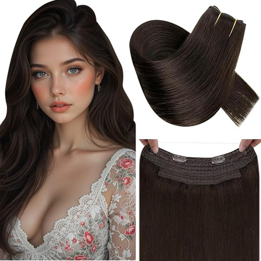 RUNATURE Invisible Wire Hair Extensions, Brown Hair Extensions Real Human Hair with Transparent Fish Line, Remy Straight Natural Looking, 14 Inch 70g #2 Dark Brown