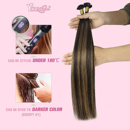 YoungSee Ktip Hair Extensions Human Hair Balayage Brown K Tip Extensions Human Hair Dark Brown with Medium Brown Ombre Ktips Human Hair Extensions 16Inch Hair Extensions for Women 50G/S