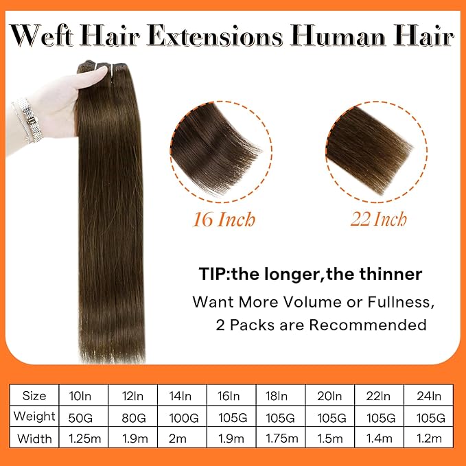 Full Shine Weft Hair Extensions Human Hair Invisible Sew In Human Hair 14 Inch 100G Color Medium Brown Straight Human Hair Bundles Weft Extensions Soft Hair For Women Machine Tied Weft