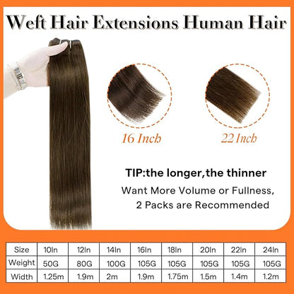 Full Shine Weft Hair Extensions Human Hair Invisible Sew In Human Hair 14 Inch 100G Color Medium Brown Straight Human Hair Bundles Weft Extensions Soft Hair For Women Machine Tied Weft