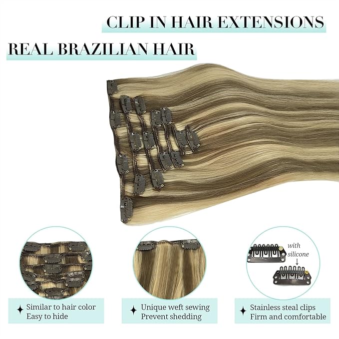 DOORES Clip in Hair Extensions, Ombre Medium Brown Highlighted Golden Blonde 24 Inch 7pcs 120g, Remy Hair Extensions Clip in Human Hair Extensions Natural Hair Extensions Thick Silky Straight