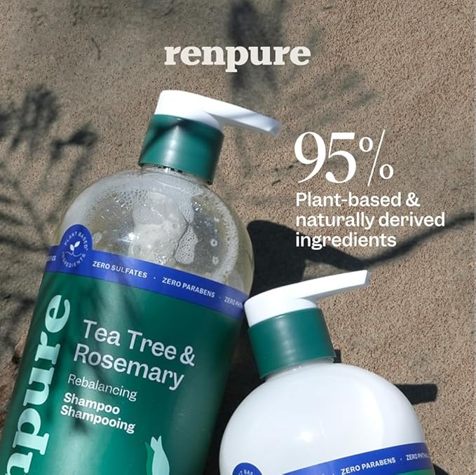 Renpure Tea Tree & Rosemary Shampoo & Conditioner Set, Plant Based - Refreshes & Rebalances Hair and Scalp - For Oily/Normal Hair - Tea Tree Leaf Oil, Rosemary Leaf Extract - 24 Fl Oz each, 2 Pack