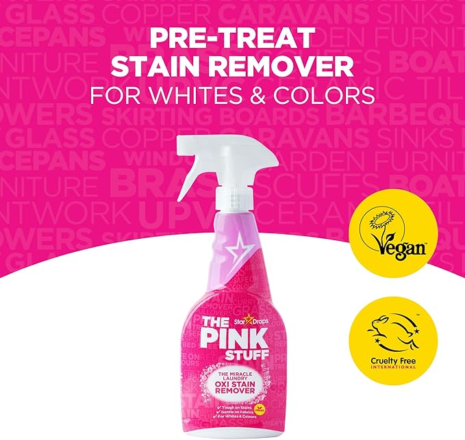 Stardrops The Pink Stuff Miracle Laundry Stain Remover Kit – Oxi Powder for Whites & Colors, Stain Remover Spray – Tough on Stains, Gentle on Fabrics (3-Pack)