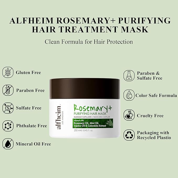 ALFHEIM Rosemary+ Purifying Hair Mask | Deep Moisturizing & Scalp Balancing Treatment | Infused with Rosemary, Peppermint Oil & Jojoba Oil | For Oily Hair, Dandruff & Weakened Strands | 8.45 oz