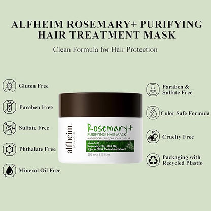 ALFHEIM Rosemary+ Purifying Hair Mask | Deep Moisturizing & Scalp Balancing Treatment | Infused with Rosemary, Peppermint Oil & Jojoba Oil | For Oily Hair, Dandruff & Weakened Strands | 8.45 oz