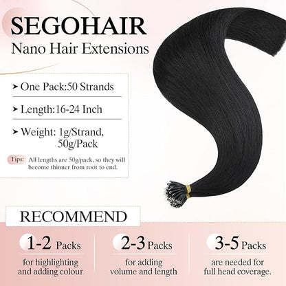 Nano Bead Human Hair Extensions - Nano Bond & Tip Extensions - Silky Straight Natural 50g/50 Stands 16" Jet Black