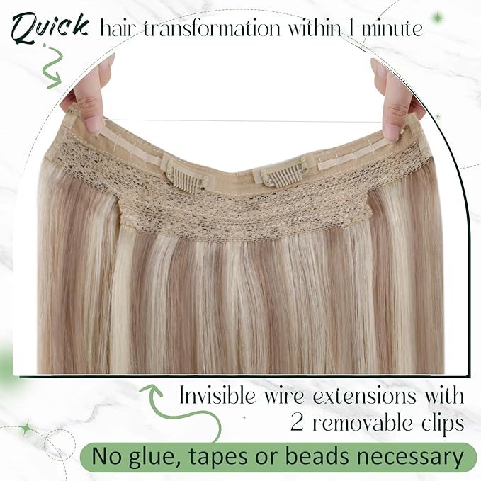 RUNATURE Invisible Wire Hair Extensions, Real Human Hair Extensions Wire, Secret Fish Line Extensions, Natural Remy Hair, Short Straight Hair 12 Inch 70g #18/22/60 Blonde Balayage