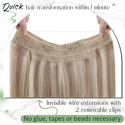 RUNATURE Invisible Wire Hair Extensions, Real Human Hair Extensions Wire, Secret Fish Line Extensions, Natural Remy Hair, Short Straight Hair 12 Inch 70g #18/22/60 Blonde Balayage