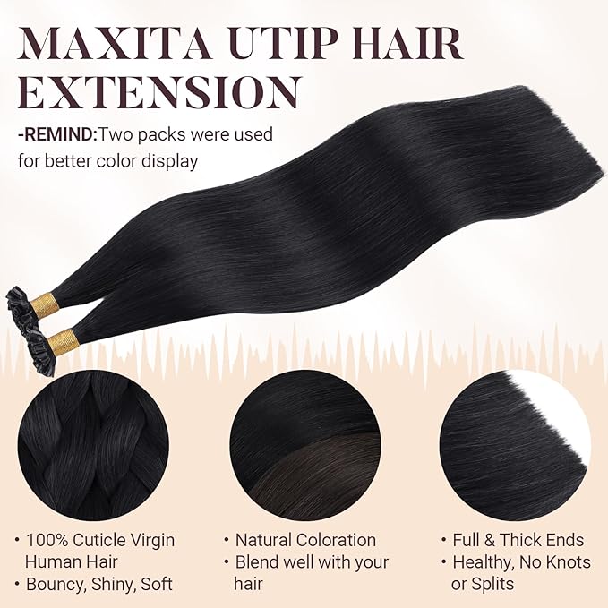 MAXITA U Tip Hair Extensions Human Hair, Jet Black Hair Extensions Real Human Hair, 50g/50 Strands/Pack, 18 In Virgin Human Hair