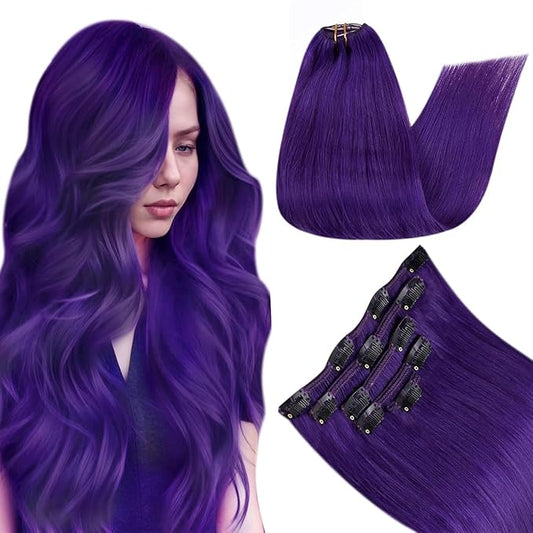 RUNATURE Purple Hair Extensions Clip in Real Human Hair, Full Head Clip in Extensions for Long Hair, Remy Natural Hair Colored Extensions for Women, 22 Inch 70g 5pcs