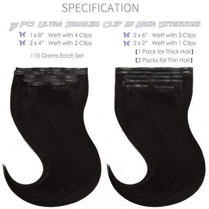 Lacer Hair Ultra Seamless Hair Extensions Clip in Remy Human Hair 16 Inch Double PU Weft Transparent Hair Extensions Tape Clip in Human Hair 7 Pcs 110g #1B Natural Black