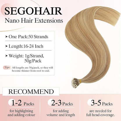 Nano Bead Human Hair Extensions - Nano Bond & Tip Extensions, Silky Straight Natural 50g/50 Stands 18" Golden Brown Mix Bleach Blonde