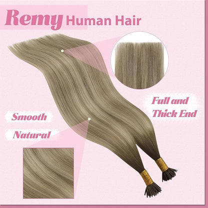 YoungSee I Tips Hair Extensions Ombre Itips Hair Extensions Human Hair Ombre Dark Brown to Light Brown with Blonde Tip Extensions Balayage 20In Keratin Hair Extensions Volume-Adding 50s 50g