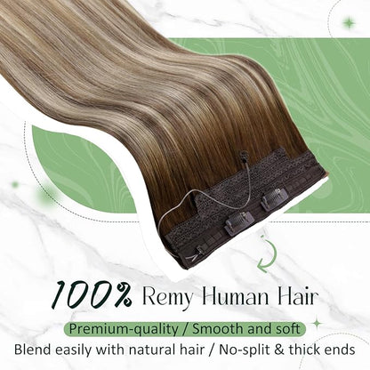 RUNATURE Invisible Wire Hair Extensions, 18 Inch Real Human Hair Wire Extensions, Fish Line Hair Extensions for Women, Remy Natural Hair, Add Hair Volume, 80g #3/8/22 Brown to Blonde