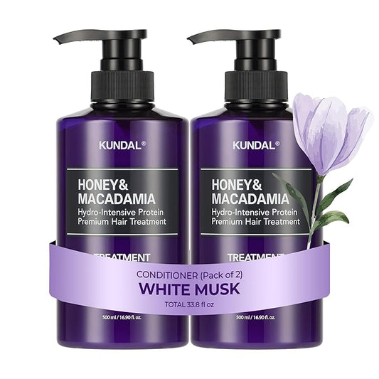 KUNDAL Honey & Macadamia Natural Conditioner Korean Hair Care Damage Repair, Deep Hydration, Long Lasting Fragrance, with Honey, Argan Oil, Macadamia Oil 16.9fl oz (Pack of 2) (White Musk)