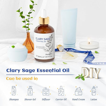 HIQILI 1 Fl Oz Clary Sage Oil Essential Oil, 100% Pure Undiluted for Diffuser, Aromatherapy - 30ml