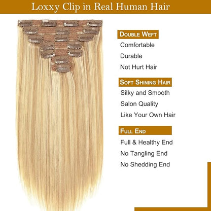 Loxxy 16inch Clip In Hair Extensions Brown Real Human Hair Clip Ins Extensions Light Dark Brown Double Weft Straight Real Hair Extensions Clip in Human Hair Thick Ends Full Head 120G 7PCS
