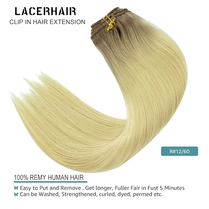 Lacer Blonde Clip in Extensions Real Human Hair Platinum Blonde with Lightest Brown Roots Human Hair Clip Ins 120G with 16 Clips 7Pcs 18 Inch