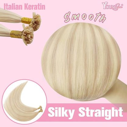 YoungSee Keratin Hair Extensions Human Hair Blonde 16 Inch K Tip Hair Extensions Blonde Highlight Hot Fusion Keratin Tip Hair Extensions Remy K Tip Hair Extensions Real Human Hair 50g #18/613