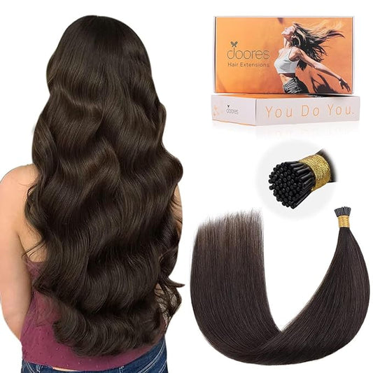 DOORES I Tip Hair Extensions, Light Dark Brown 16 Inch 50g/100s, Real Human Hair, Silky Straight, Cold Fusion