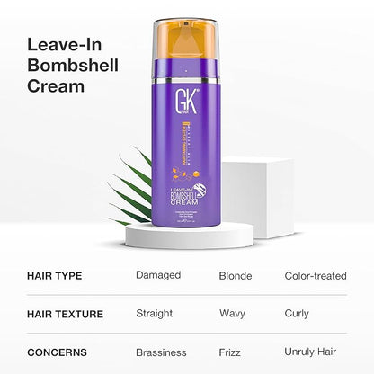 GK HAIR Global Keratin Leave In Bombshell Purple Cream (3.4 Fl Oz/100ml) Conditioning Smoothing Moisturizing Hydrating Frizz Control for Blonde Damaged Hair Removes Yellow Brassy Tones Flyaways