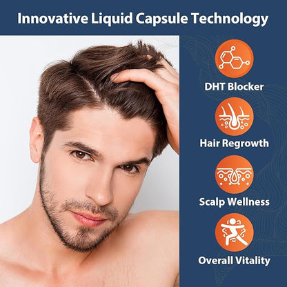 DHT Blocker for Men with Saw Palmetto & Biotin, Hair Growth Formula in Liquid-Filled Capsules, Hair Loss Supplements, Hair Regrowth Vitamins, Proprietary Herbal Blends - 90 Capsules(1 Bottle)