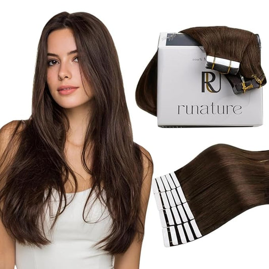 RUNATURE Tape in Human Hair Extensions 12 Inch Short Tape in Hair Extensions Real Human Hair Brazilian #4 Chocolate Brown Glue in Human Hair Extensions Silky Real Hair Tape in Extensions 30g 20pcs