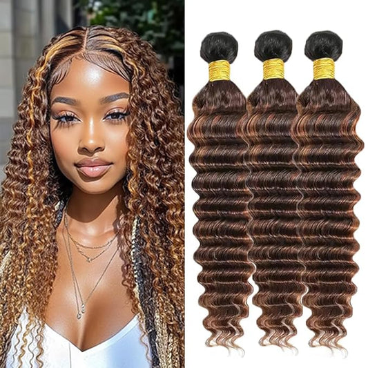 P430 Deep Wave Bundles Highlight Deep Wave Human Hair Bundles Brown and Light Brown two tone Brazilian Human Hair Soft and Silky for Black Women 08 10 12 Inch