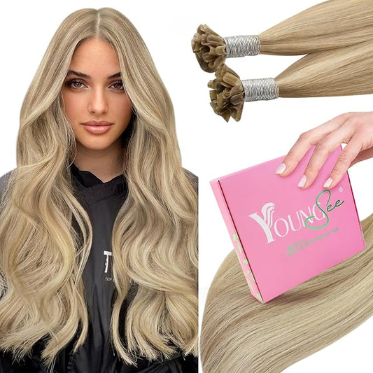 YoungSee U Tip Hair Extensions Highlight Golden Blonde and Medium Blonde U Tips Extensions Human Hair 16In 1G/S 50G