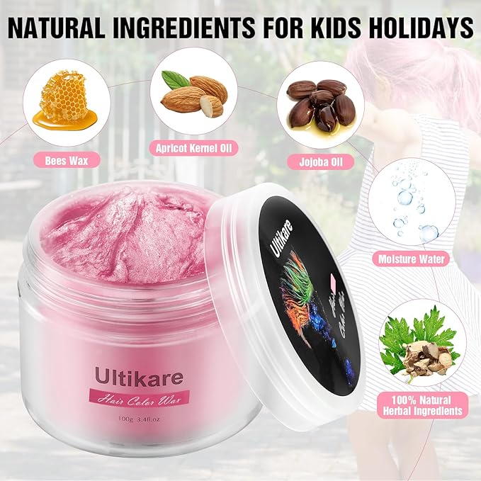 Ultikare Kids Hair Coloring Gel - Temporary Light Pink Hair Wax, Washable Hair Dye Cream, Natural Hair Paint for Hairstyling, Halloween, Cosplay, Parties, and Gifts - 3.4 Fl Oz