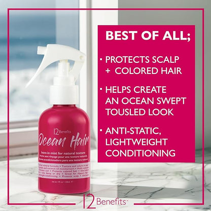 12 Benefits Ocean Hair Wave Spray - Leave-In Mist that Conditions, Moisturizes, Protects Scalp, Protects Against Humidity & Static and Boost Volume (4 Oz)