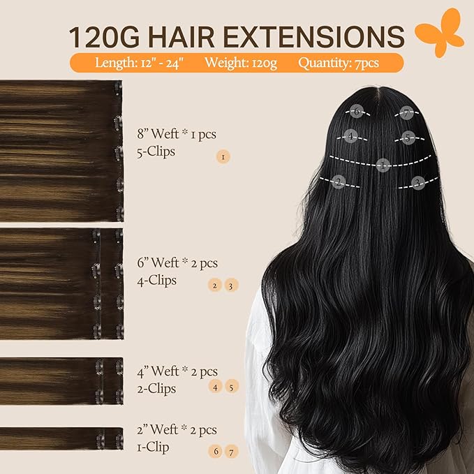 DOORES Clip in Hair Extensions, Balayage Dark Brown to Chestnut Brown 14 Inch 120g 7pcs, Remy Human Hair clip in Extensions Natural Straight