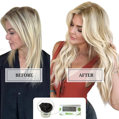 DOORES Hair Extensions Clip in Human Hair, Dark Blonde Highlighted Bleach Blonde 150g 9pcs 14 Inch, Remy Clip in Human Hair Extensions Real Natural Hair Extensions