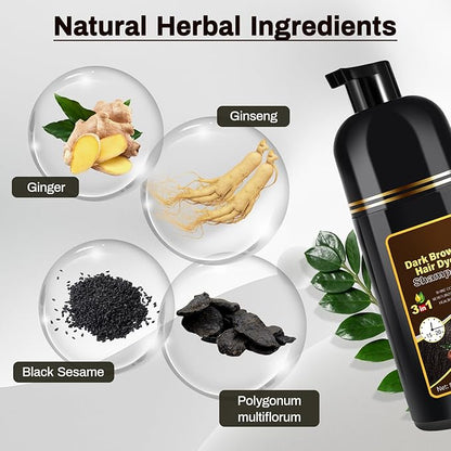 Dark Brown Natural Hair Dye Shampoo 3 in 1, 16.9 Fl Oz/500 ML, Semi-Permanent Gray Hair Coverage, Unisex, Natural Ingredients,