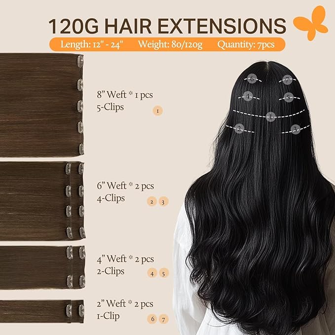 DOORES Human Hair Clip Extensions, Chocolate Brown 12 Inch 80g 7pcs, Real Human Hair, Natural Remy, Silky Straight