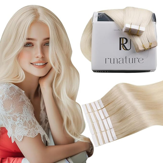 RUNATURE Blonde Hair Tape in Extensions Straight Invisible Tape in Hair Extensions Human Hair #60 Platinum Blonde Tape in Human Hair Extensions Short Glue in Hair Extensions Silky 10 Inch 30g 20pcs