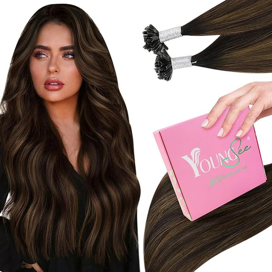 YoungSee U Tip Hair Extensions Human Hair Balayage Ktip Hair Extensions Balayage Dark Brown with Brown U Tips Hair Extensions Real Human Hair Ombre for Women Human Hair Extensions U Tip 20In 50s/50G