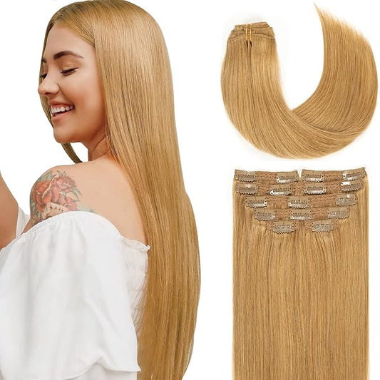 Lacer Hair Straight Hair Clip in Extensions Strawberry Blond 120g 7 Pieces Per Set Grade Quality Silky Straight Double Real Hair Extensions Clip in Human Hair Lace Weft Full Head 16 Inch
