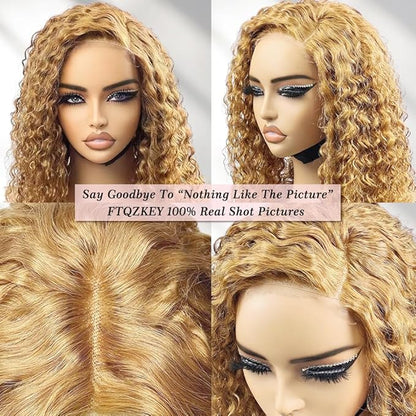 QNQZ 12 inch Honey Blonde Curly Bob Wig Human Hair 9x6 HD Glueless Lace Front Honey Blonde Deep Wave Wear and Go Glueless Wigs Human Hair Pre Plucked Pre Cut 220% Density #27 Colored for Women