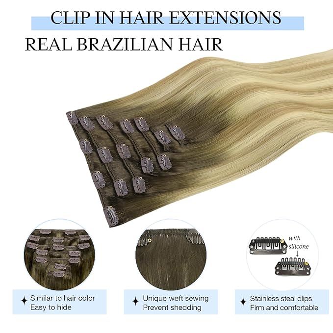 DOORES Clip in Human Hair Extensions, Light Ash Brown to Light Blonde Highlighted Golden Blonde 14 Inch100g 7pcs, Straight Real Hair Extensions Clip in Remy Natural Silky Weft