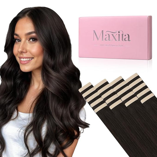 MAXITA Tape in Hair Extensions Human Hair Dark Brown 16 Inch 50g 20pcs Straight Invisible Human Hair Tape in Extensions Skin Weft Real Human Hair