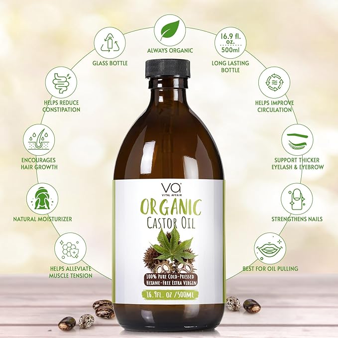 Pure Castor Oil Organic Cold-Pressed Unrefined Glass Bottle with 100% Cotton Flannel Wrap – Waist & Neck Castor Oil Packs Hexane-Free.
