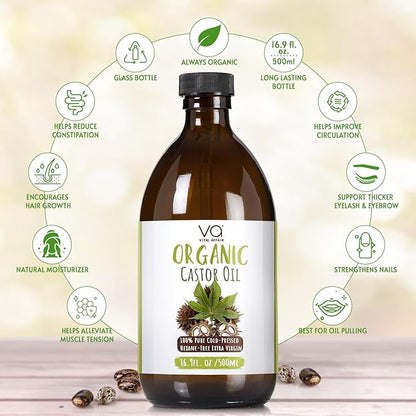 Pure Castor Oil Organic Cold-Pressed Unrefined Glass Bottle with 100% Cotton Flannel Wrap – Waist & Neck Castor Oil Packs Hexane-Free.